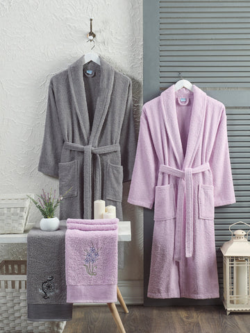 Antrasit-Leylak - 4'lü Baş Havlulu Bornoz Aile Seti