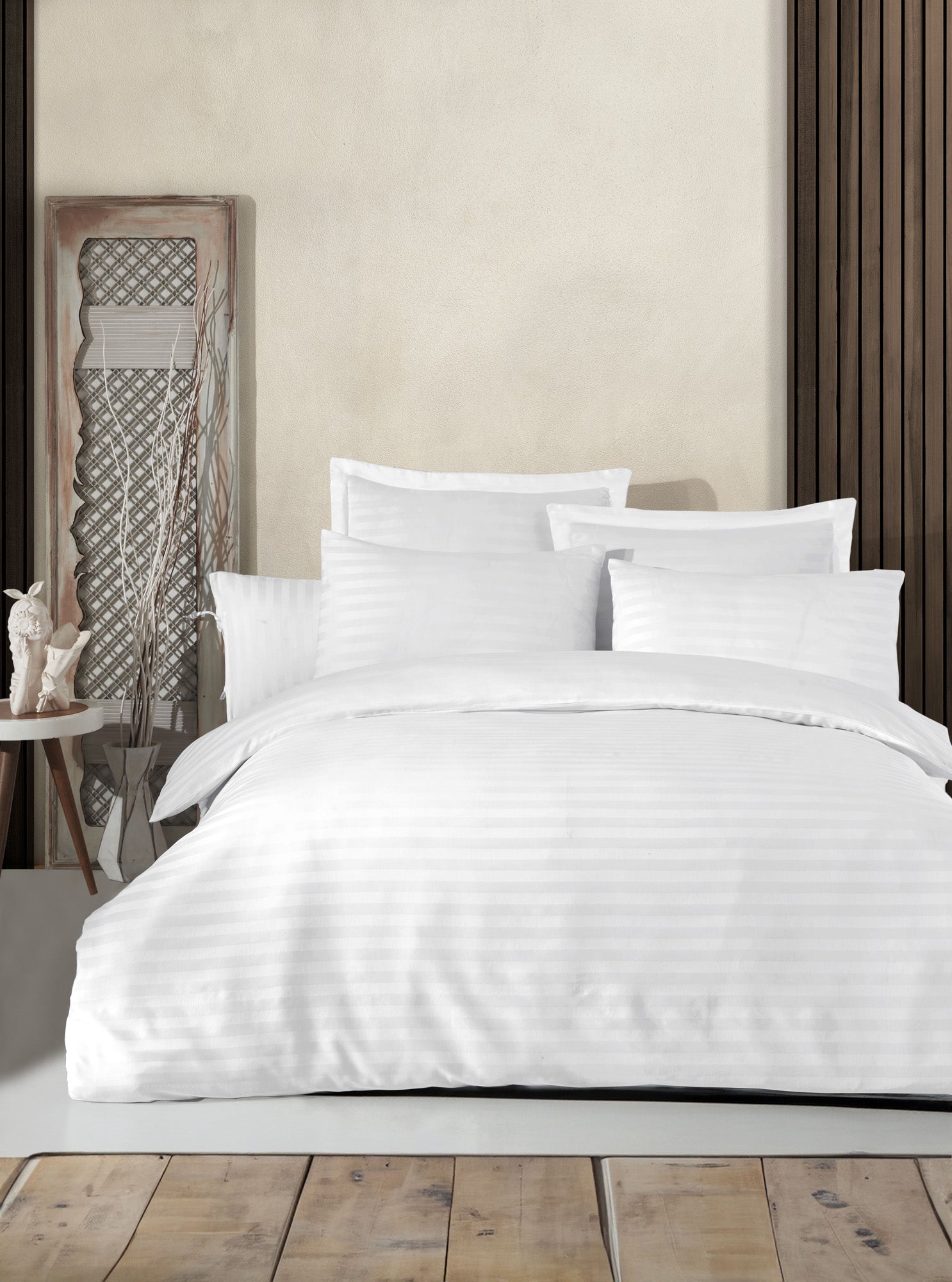 Water Yollu Saten Çift Kişilik Beyaz - Nevresim Takımı - 029426