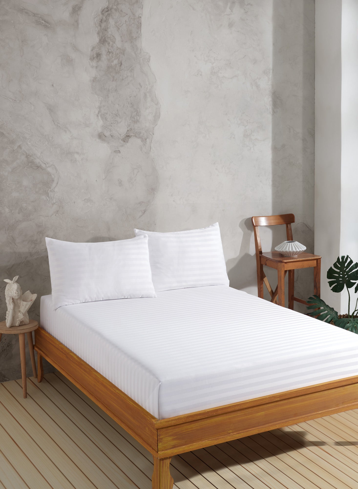 Water Yollu Saten Tek Kişilik Beyaz - Çarşaf Yastık Seti - 029433