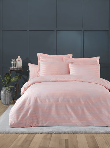 Water Yollu Saten Çift Kişilik Pudra - Nevresim Takımı - 029453