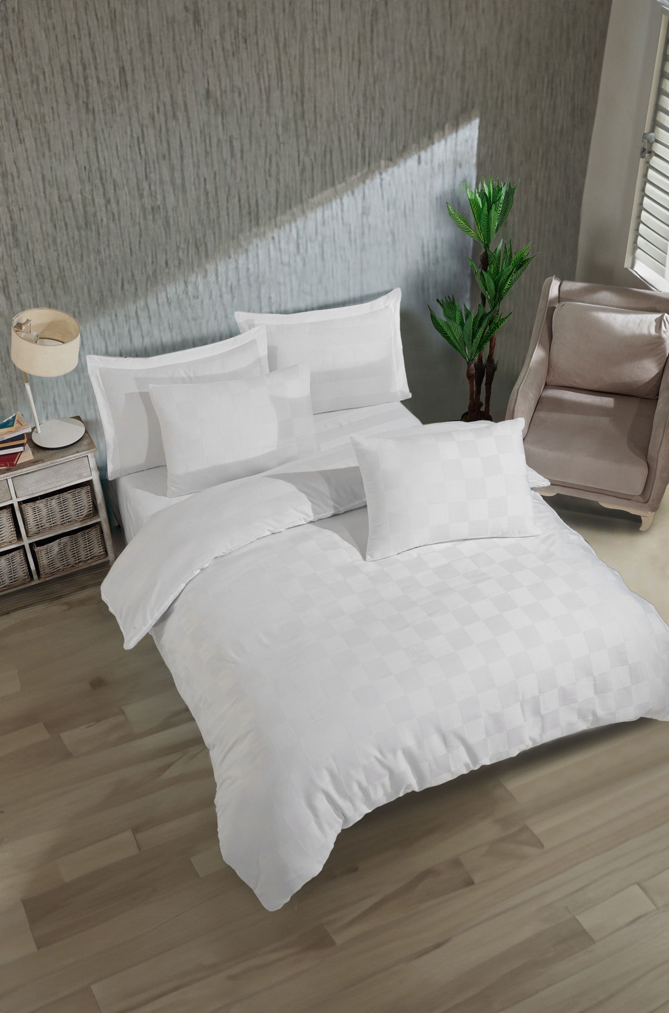 Kareli Saten Çift Kişilik Beyaz - Nevresim Takımı - 029525