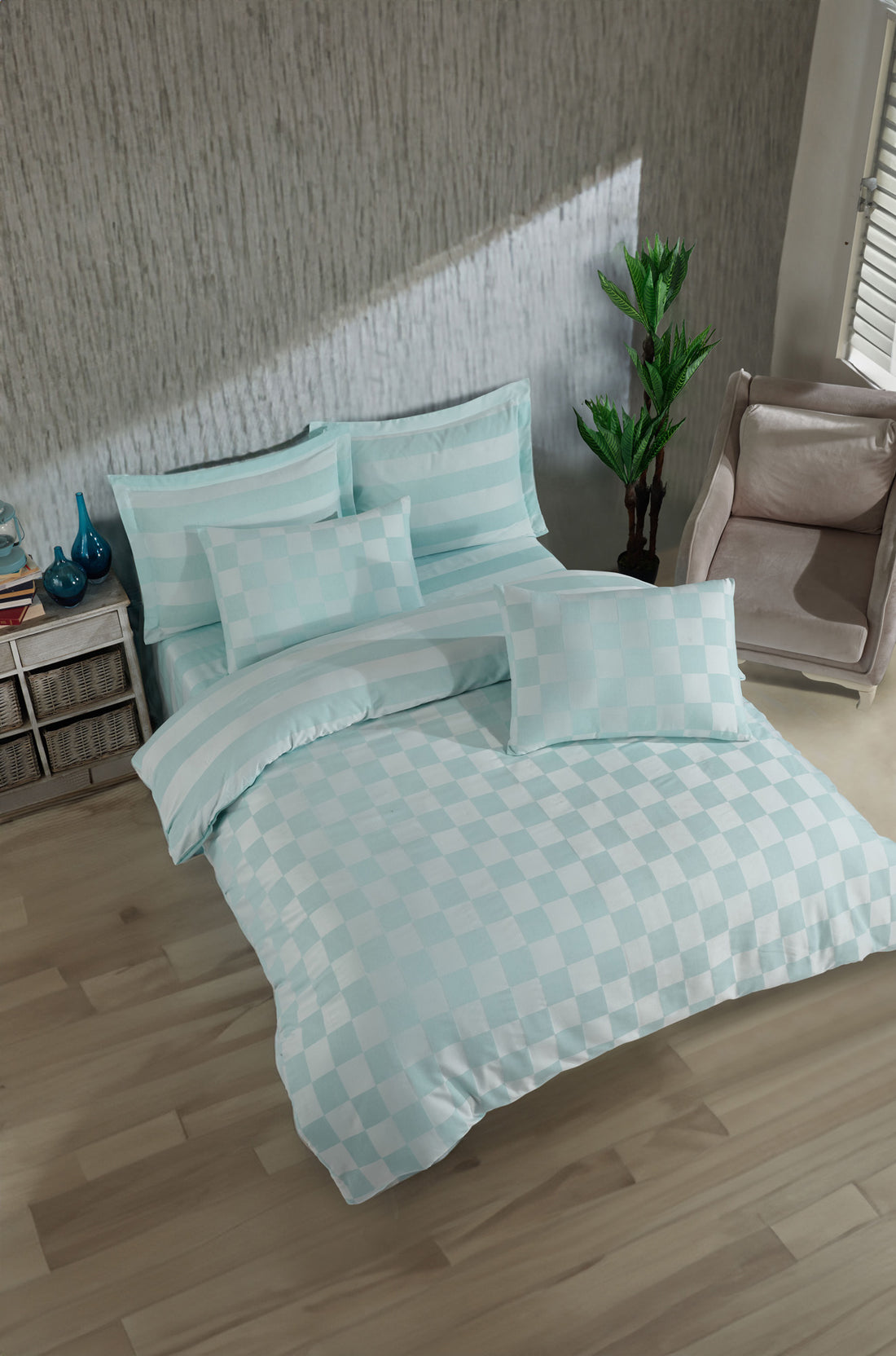 Kareli Saten Çift Kişilik Mint - Nevresim Takımı - 029534