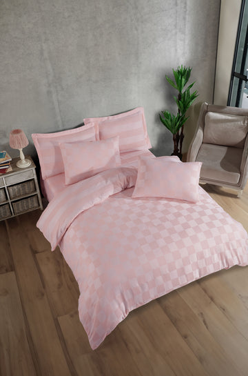 Kareli Saten Çift Kişilik Pudra - Nevresim Takımı - 029543