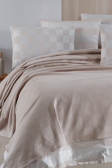 Kare Örgü Çift Kişilik Bej - Pike - 030481