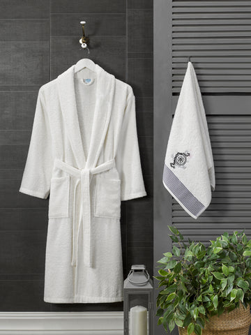 Beyaz - Dümen- Baş Havlulu Bornoz Seti