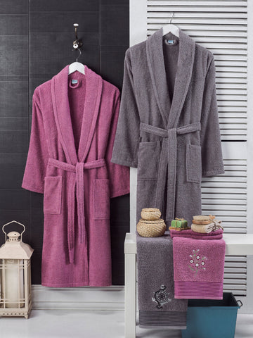 Mürdüm-Antrasit - 4'lü Baş Havlulu Bornoz Aile Seti