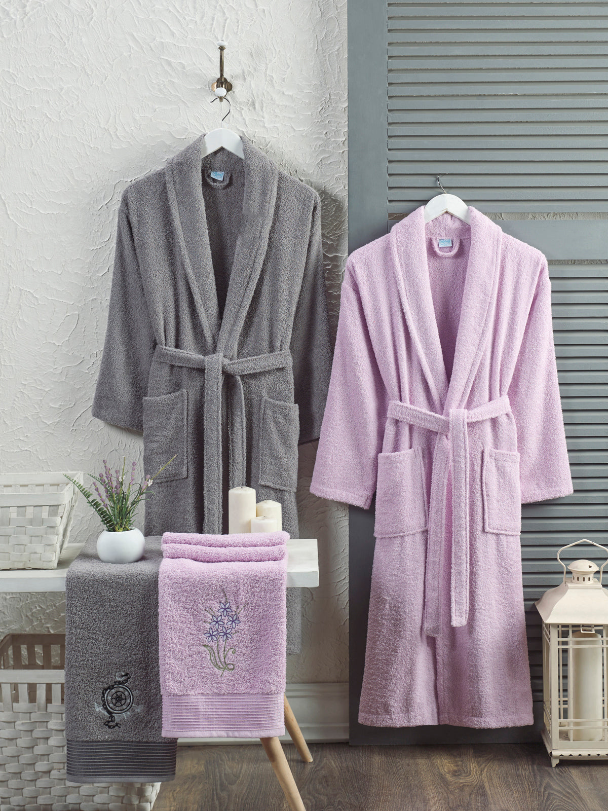 Antrasit-Leylak - 4'lü Baş Havlulu Bornoz Aile Seti