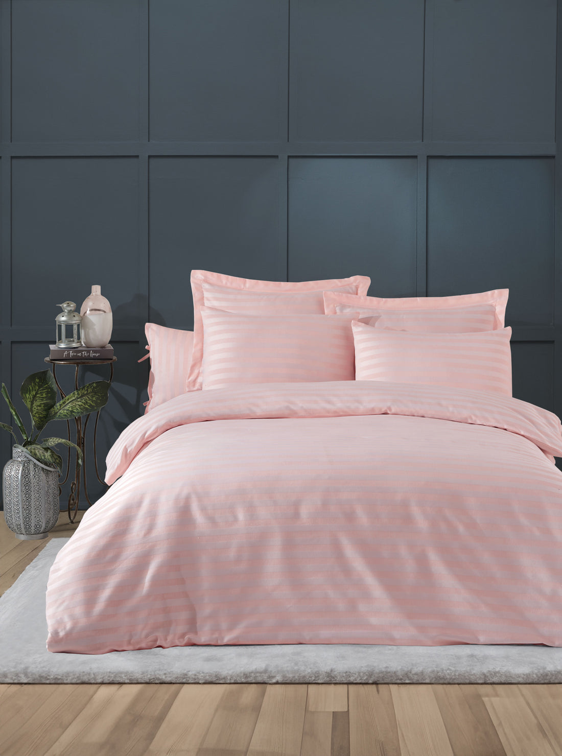 Water Yollu Saten Çift Kişilik Pudra - Nevresim Takımı - 029453