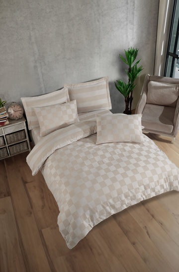 Kareli Saten Çift Kişilik Bej - Nevresim Takımı - 029516