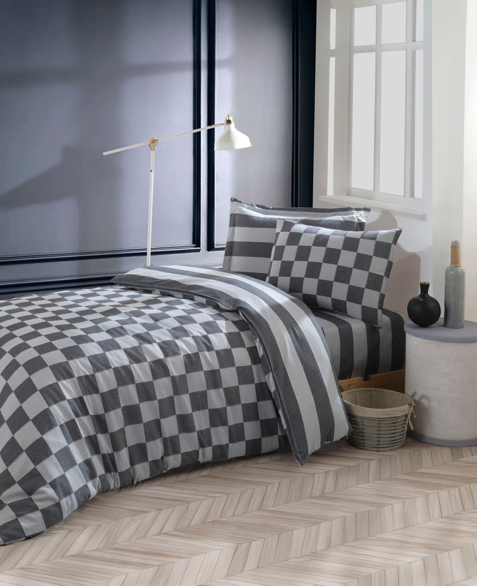 Kareli Saten Tek Kişilik Siyah - Nevresim Takımı - 029553