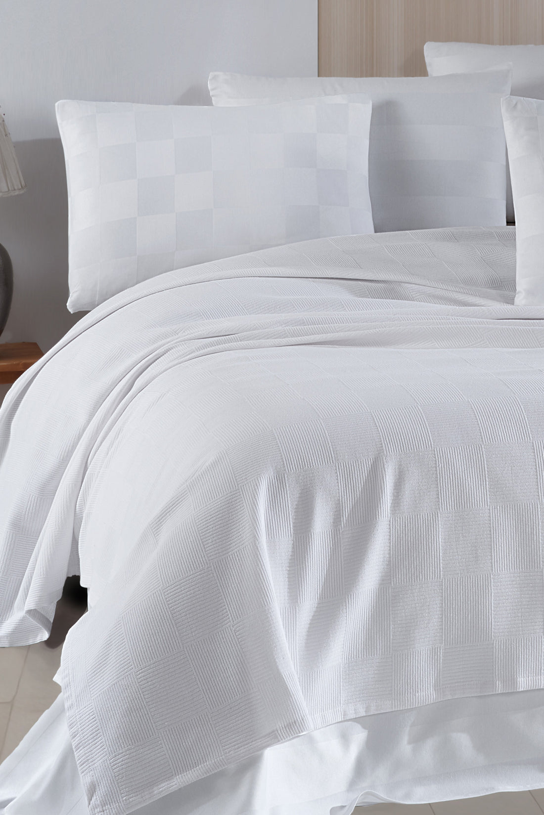 Kare Örgü Çift Kişilik Beyaz - Pike - 030477