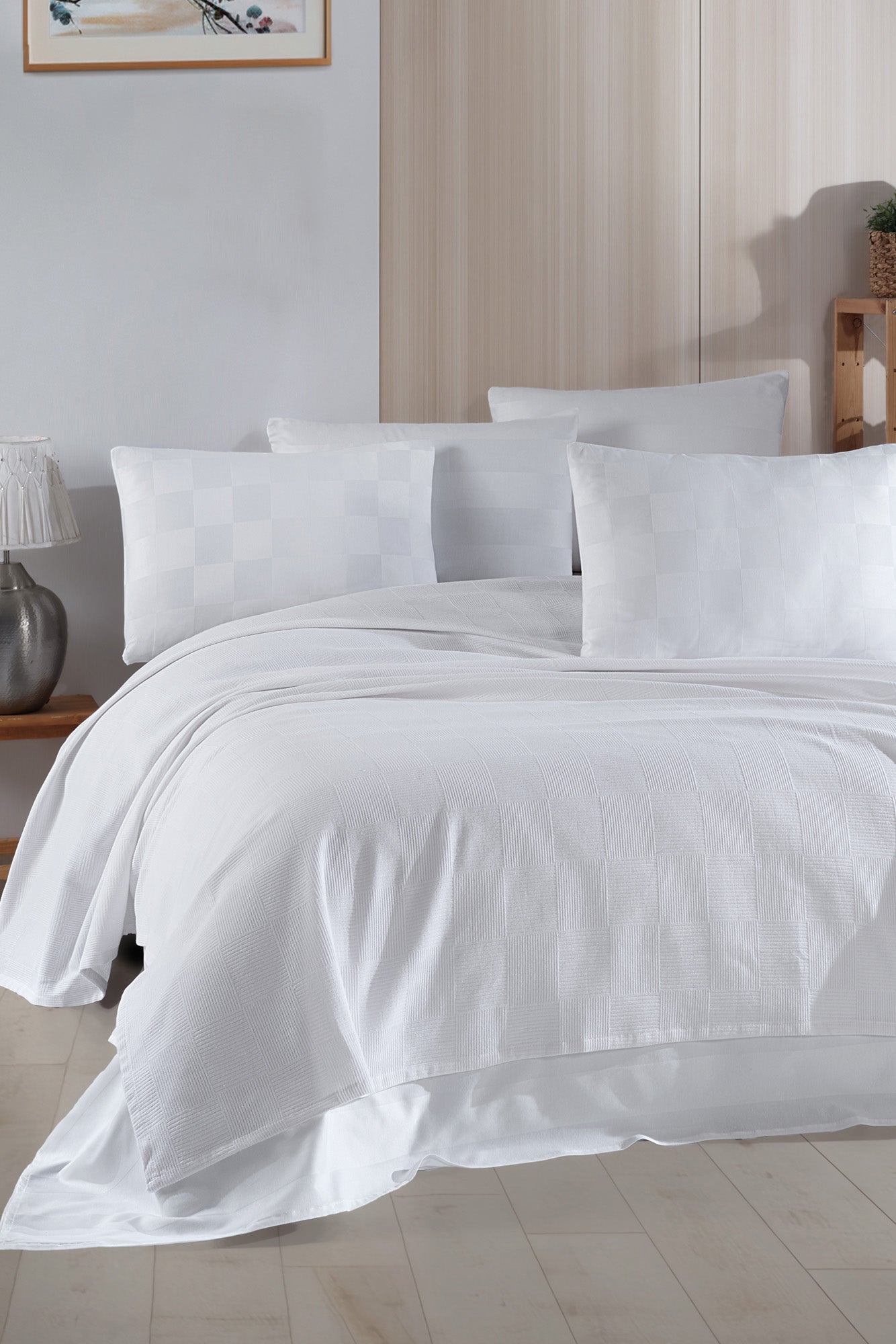 Kare Örgü Çift Kişilik Beyaz - Pike - 030479