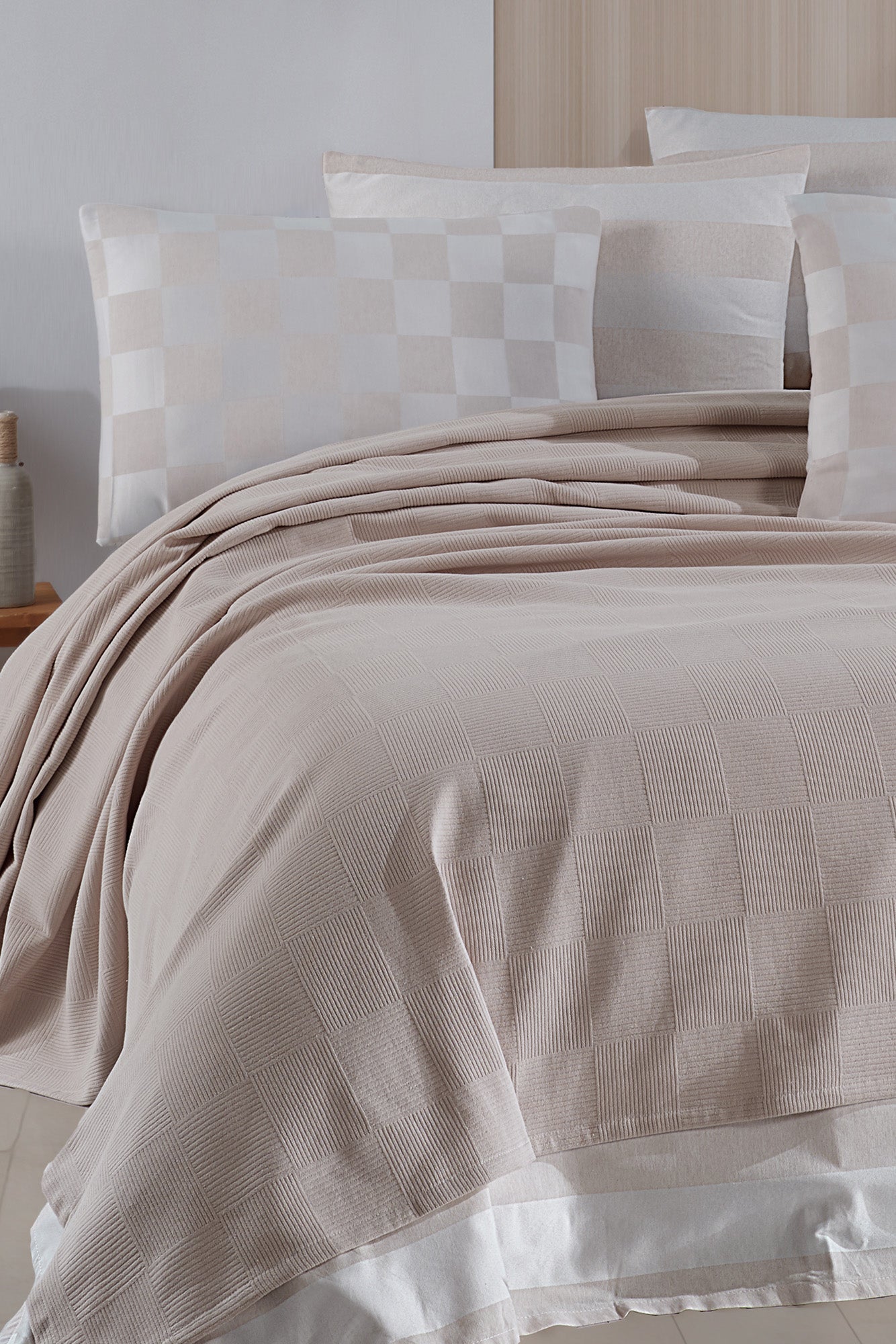 Kare Örgü Çift Kişilik Bej - Pike - 030481