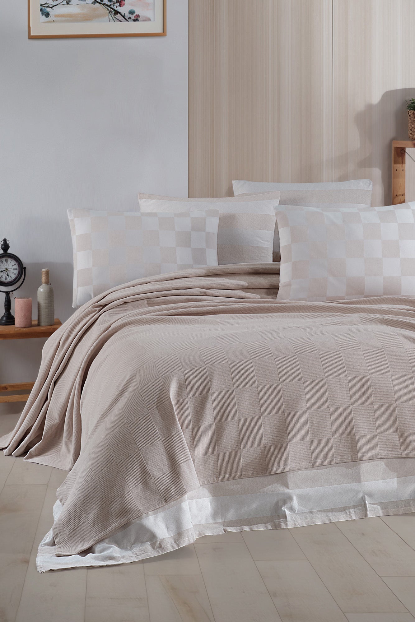 Kare Örgü Çift Kişilik Bej - Pike - 030483