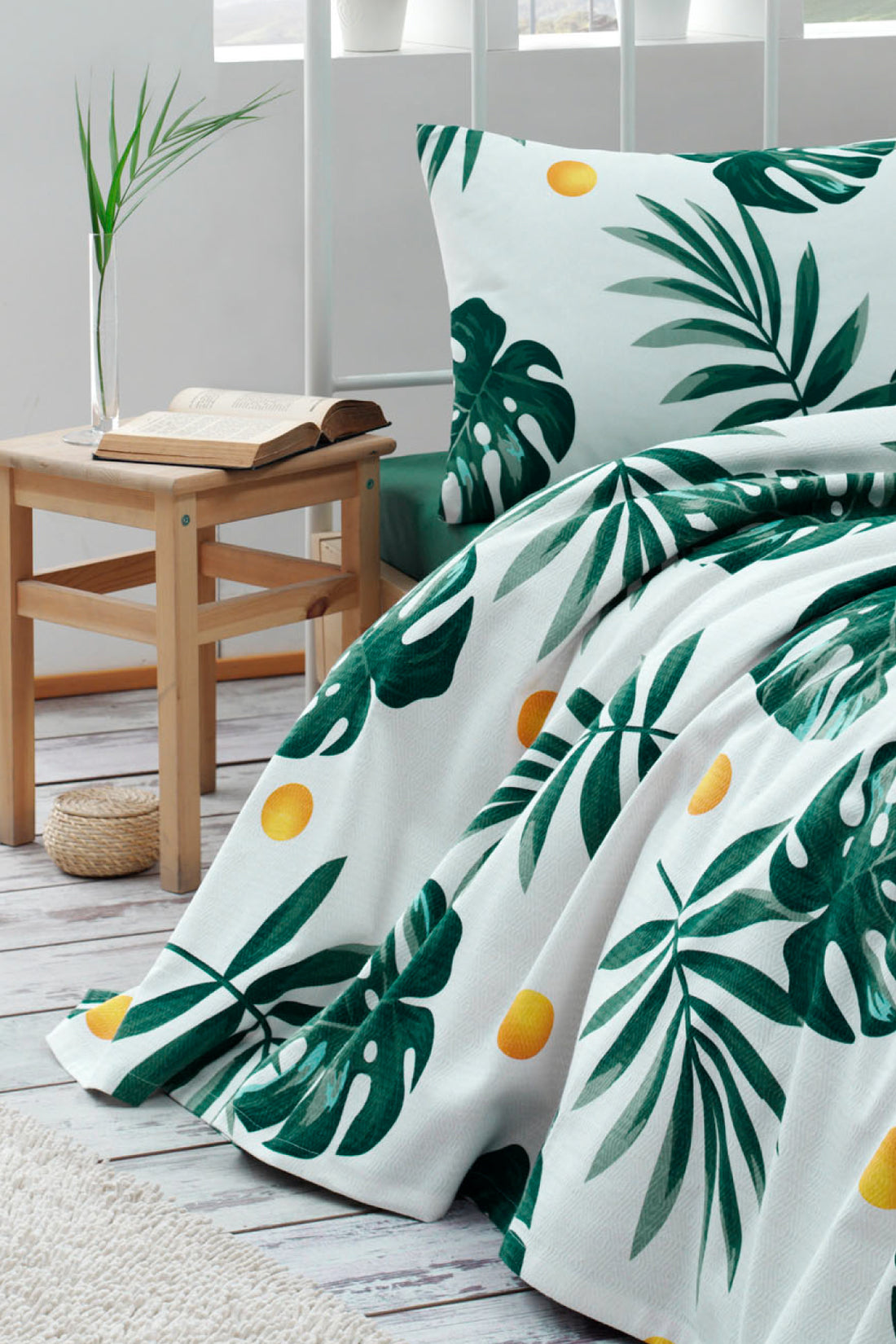 Monstera Yeşil Tek Kişilik %100 Pamuk Pike