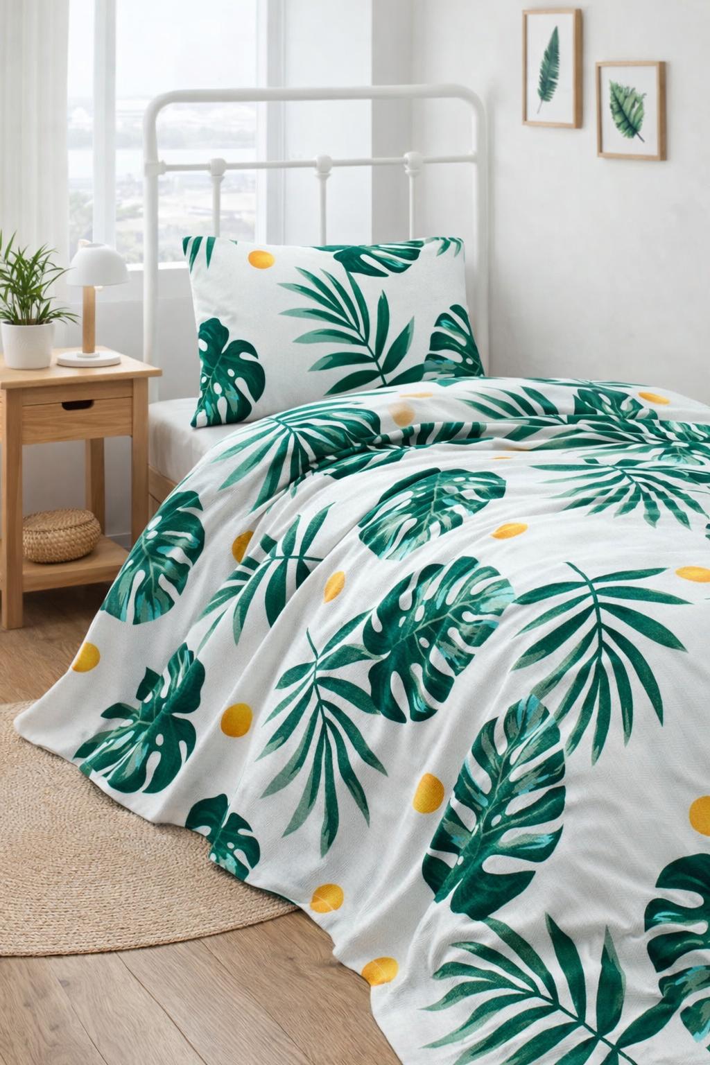Monstera Yeşil Tek Kişilik %100 Pamuk Pike