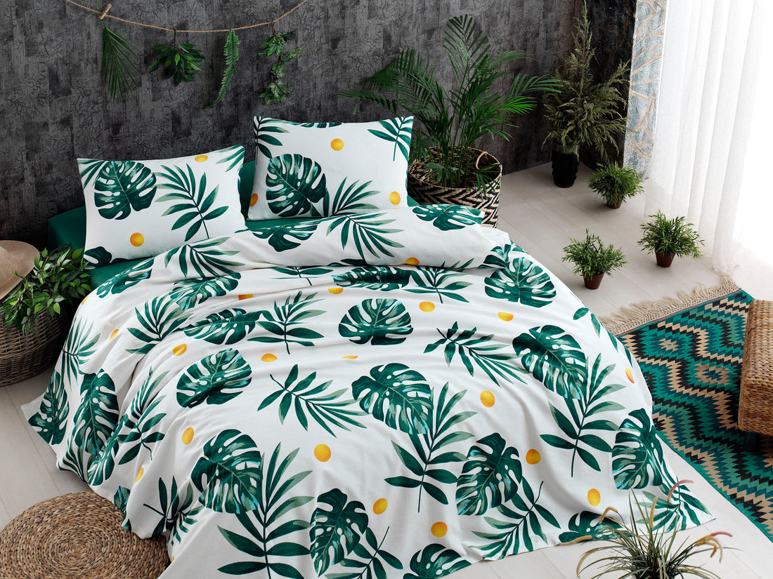 Monstera Yeşil Çift Kişilik %100 Pamuk Pike Takımı