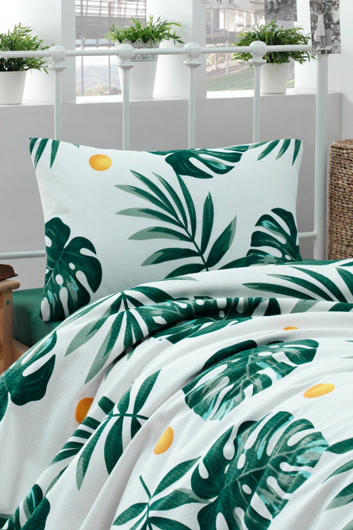 Monstera Yeşil Tek Kişilik %100 Pamuk Pike Seti