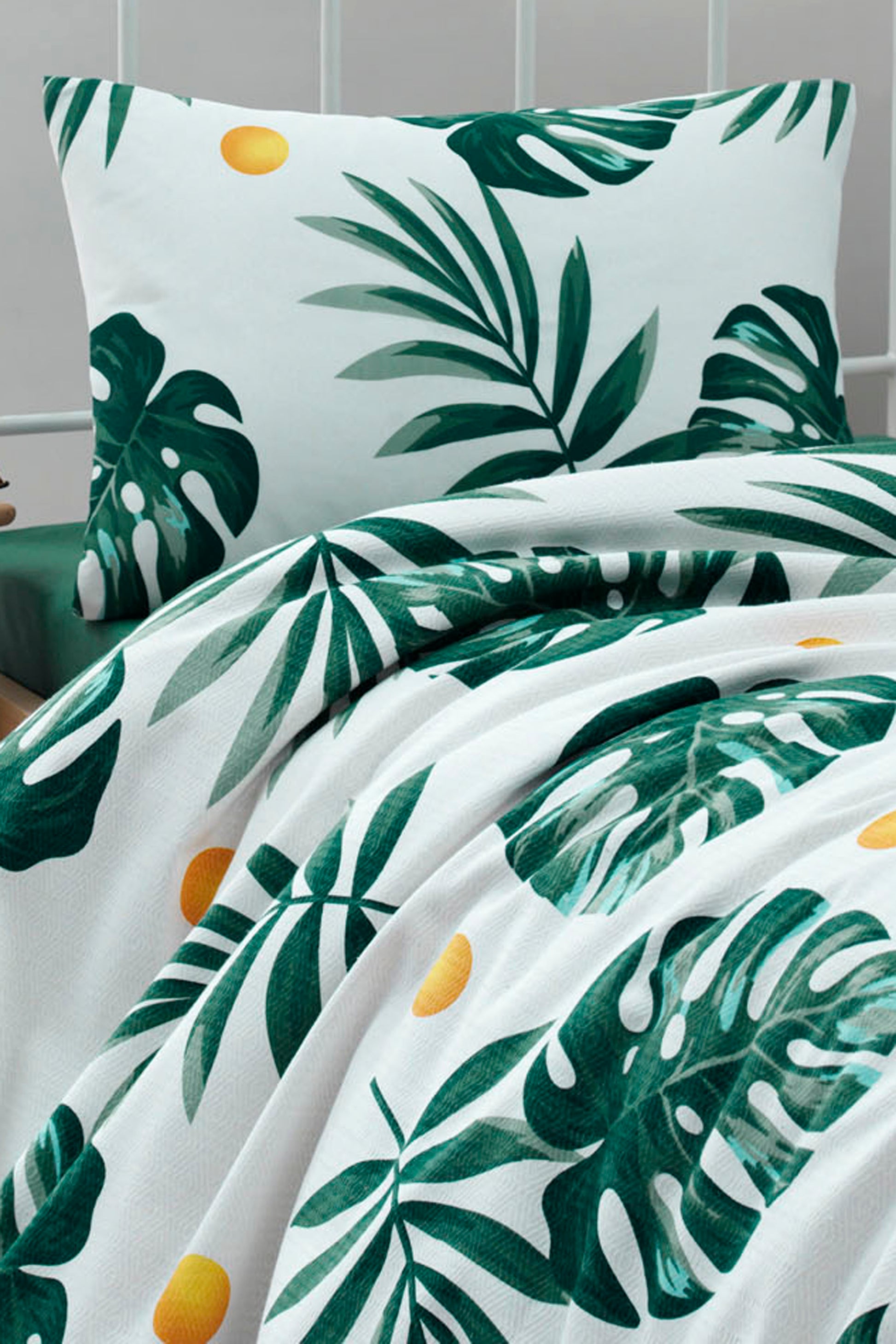 Monstera Yeşil Tek Kişilik %100 Pamuk Pike Seti