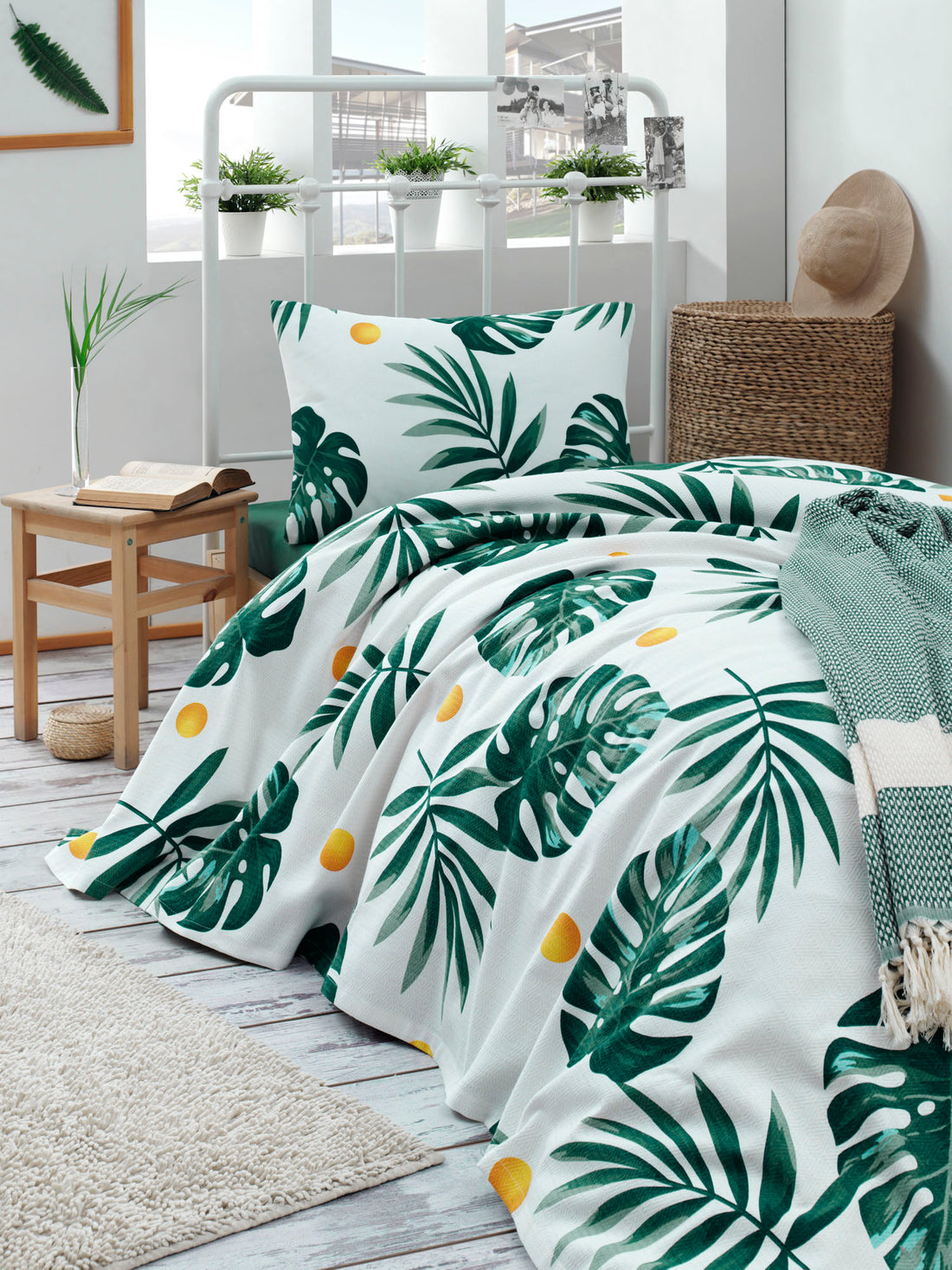 Monstera Yeşil Junior Tek Kişilik %100 Pamuk Pike