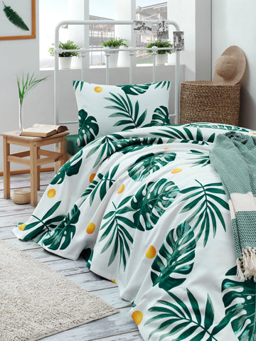 Monstera Yeşil Junior Tek Kişilik %100 Pamuk Pike