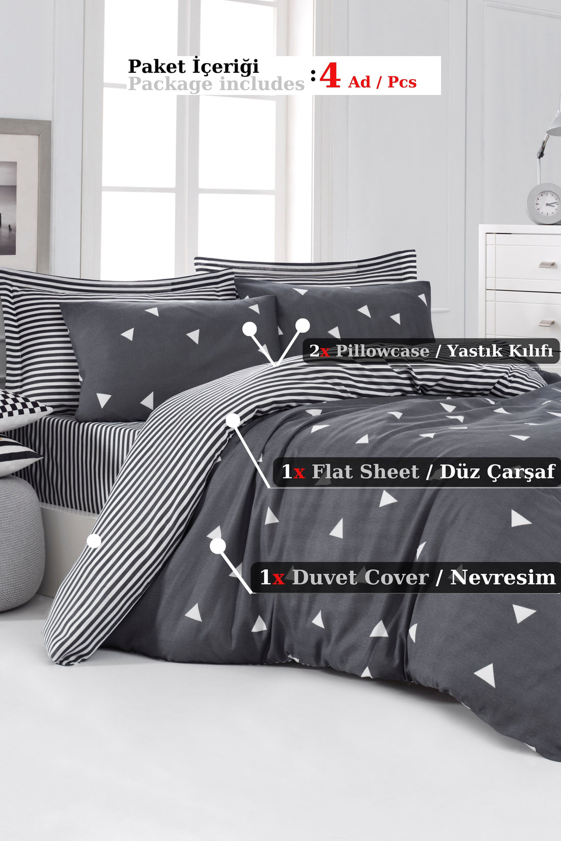 Üçgen Gri Çift Kişilik Nevresim Takımı