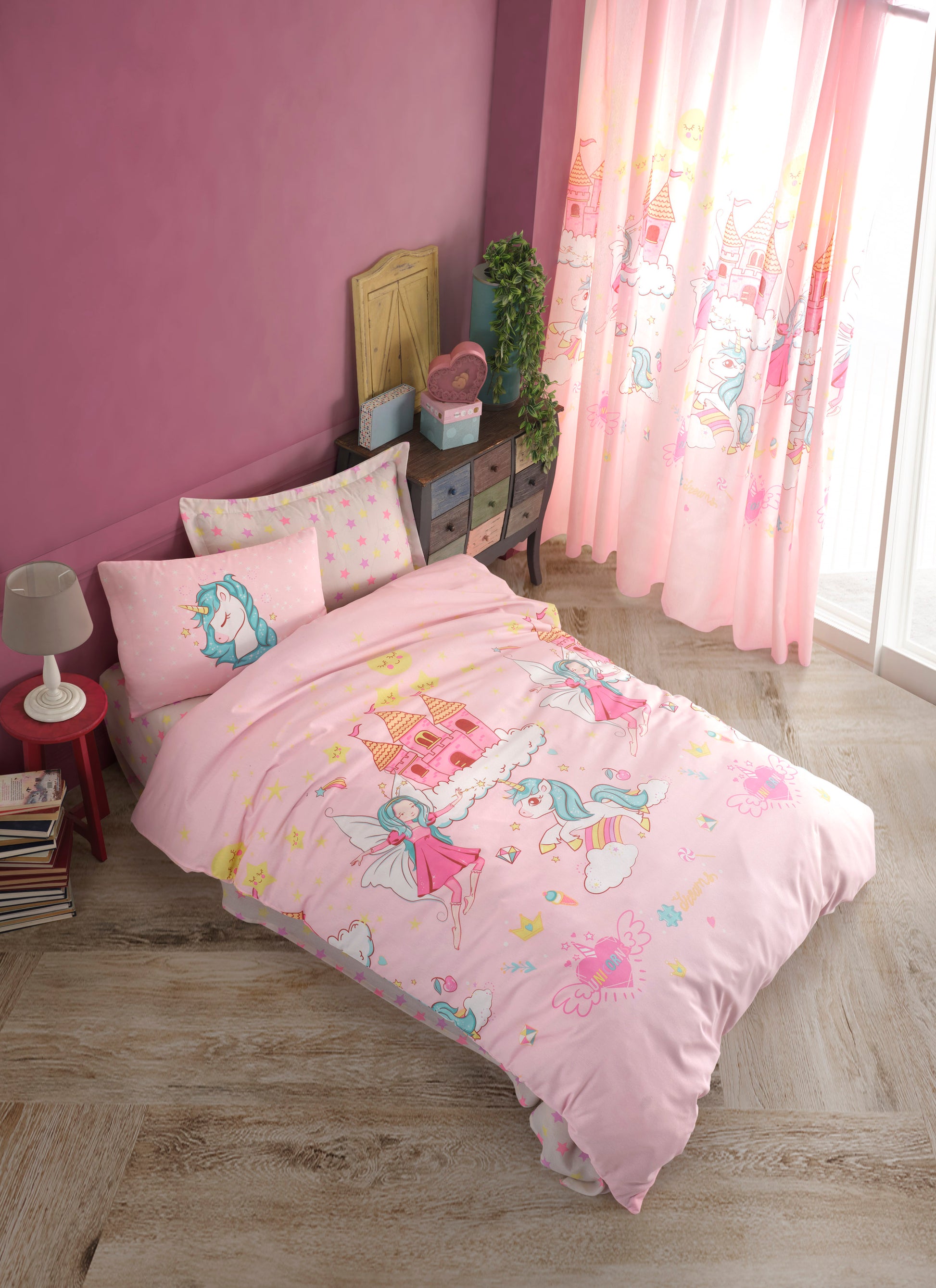 Unicorn Dreams Pembe Tek Kişilik Nevresim Takımı