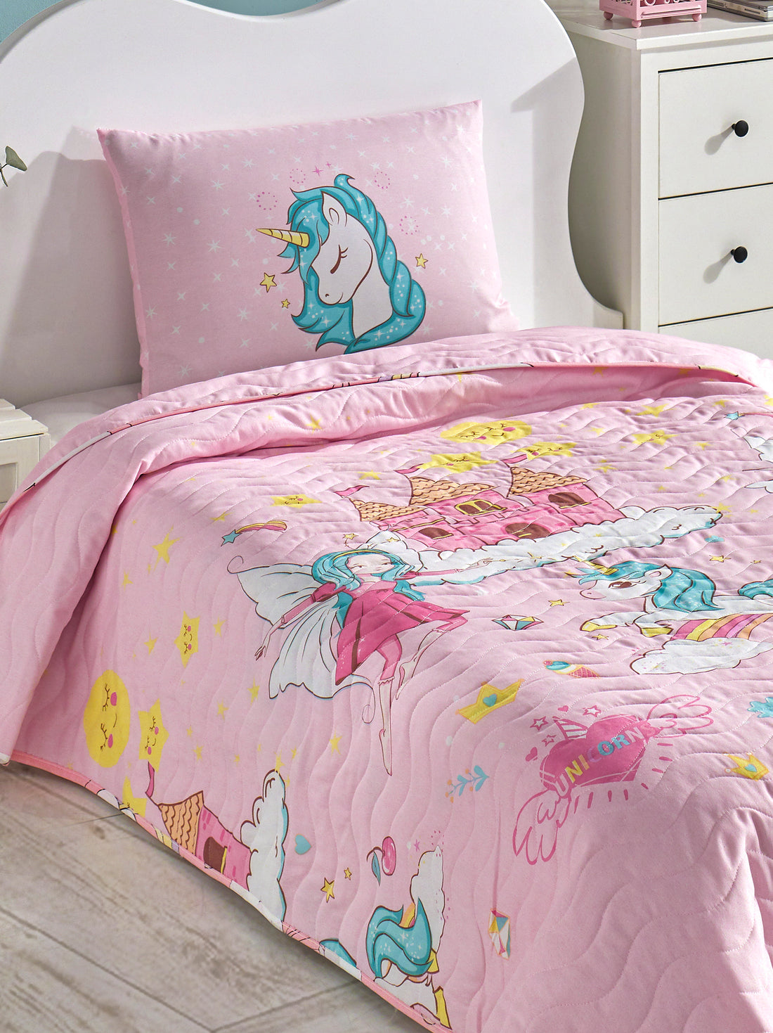 Unicorn Dreams Pembe Tek Kişilik Yatak Örtüsü Seti