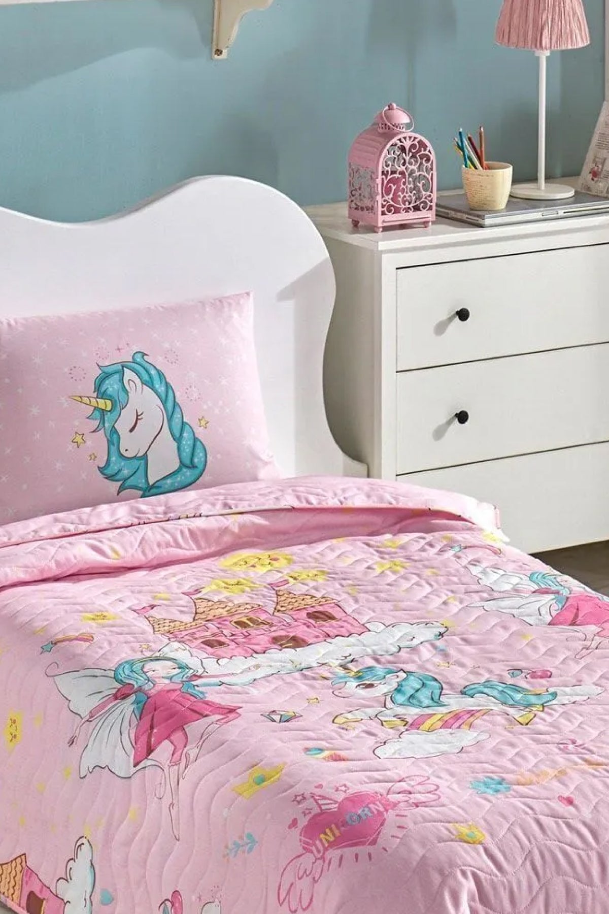 Unicorn Dreams Pembe Tek Kişilik Yatak Örtüsü Seti