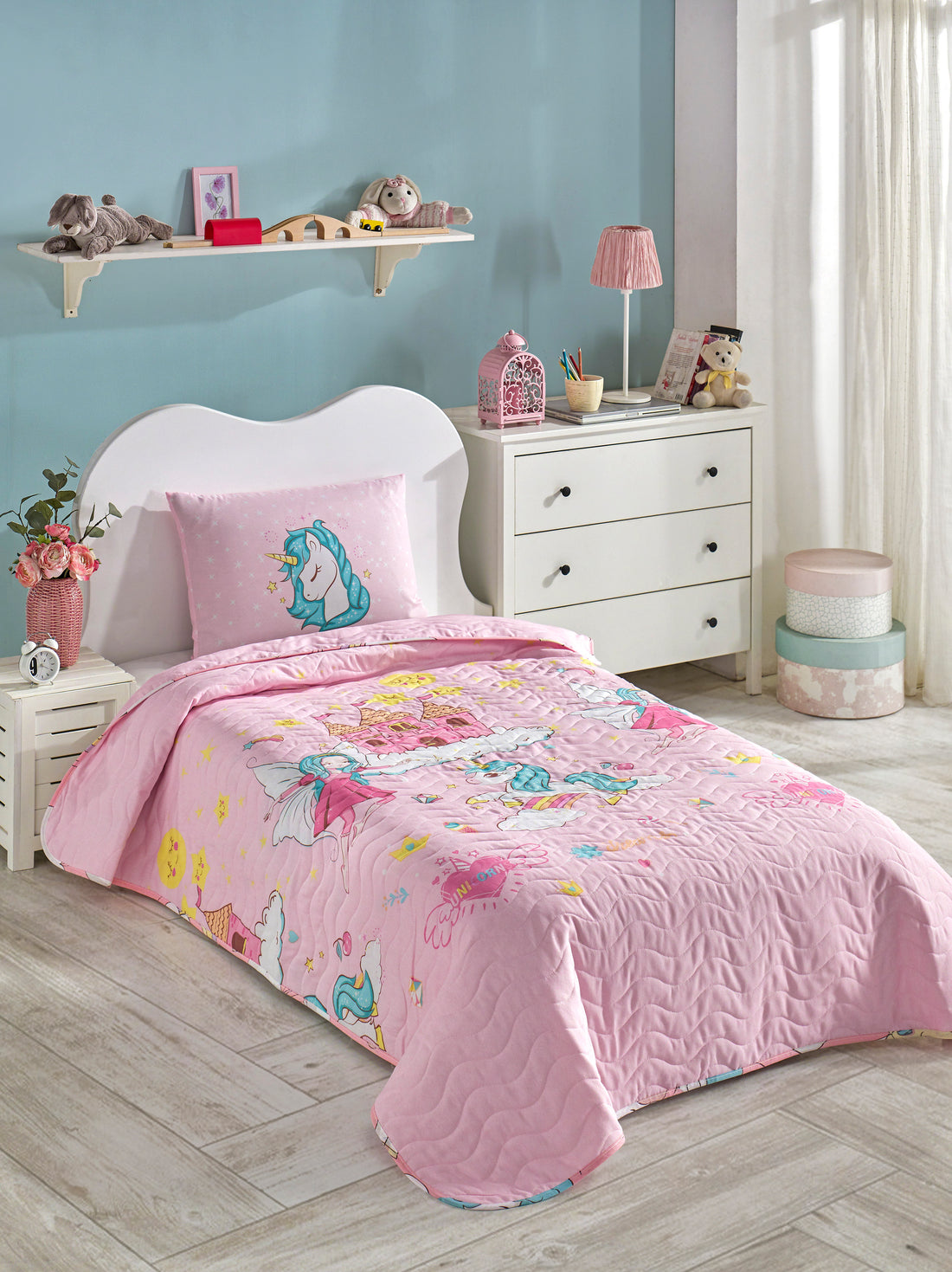 Unicorn Dreams Pembe Tek Kişilik Yatak Örtüsü Seti
