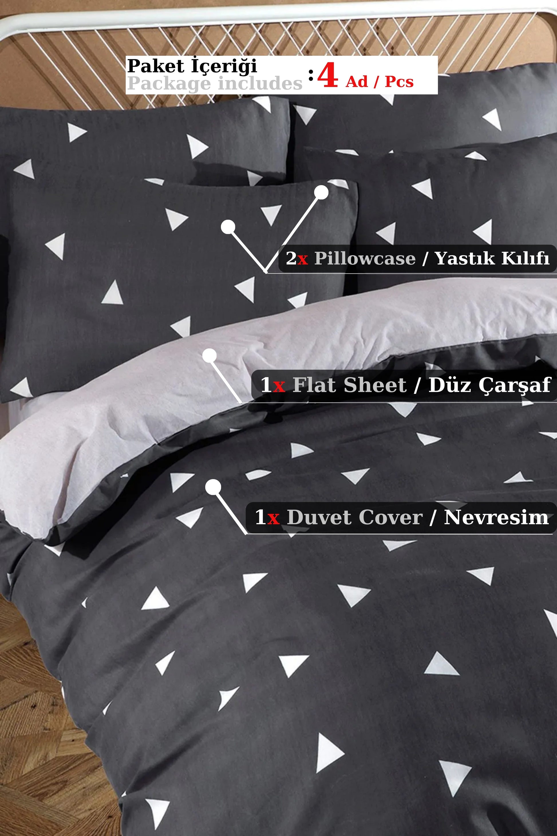 Geometrik Gri Çift Kişilik Nevresim Takımı