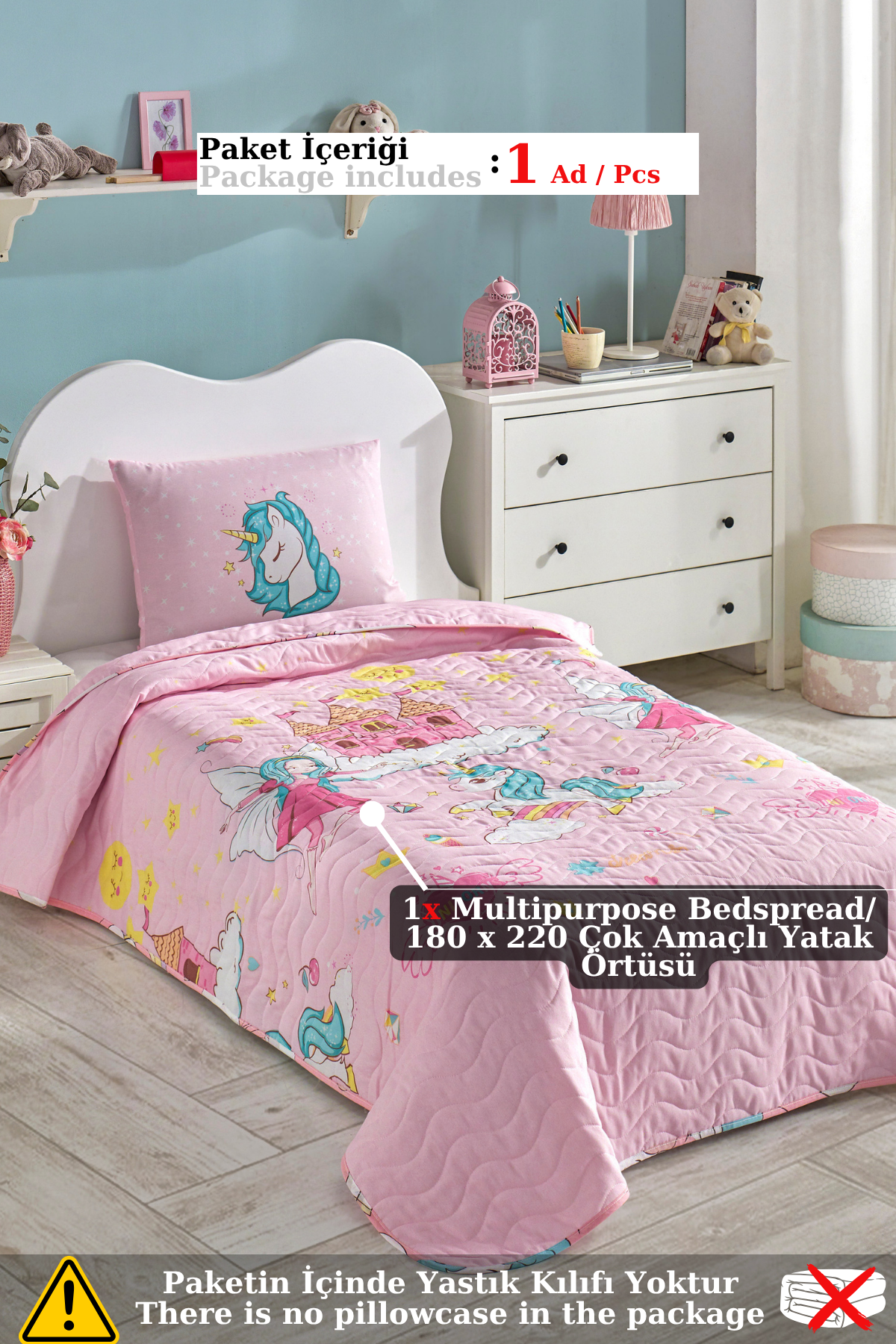Unicorn Dreams Pembe Tek Kişilik Yatak Örtüsü