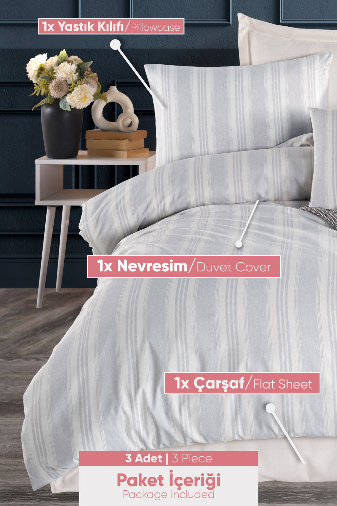 Soft Line Gri Tek Kişilik Nevresim Takımı