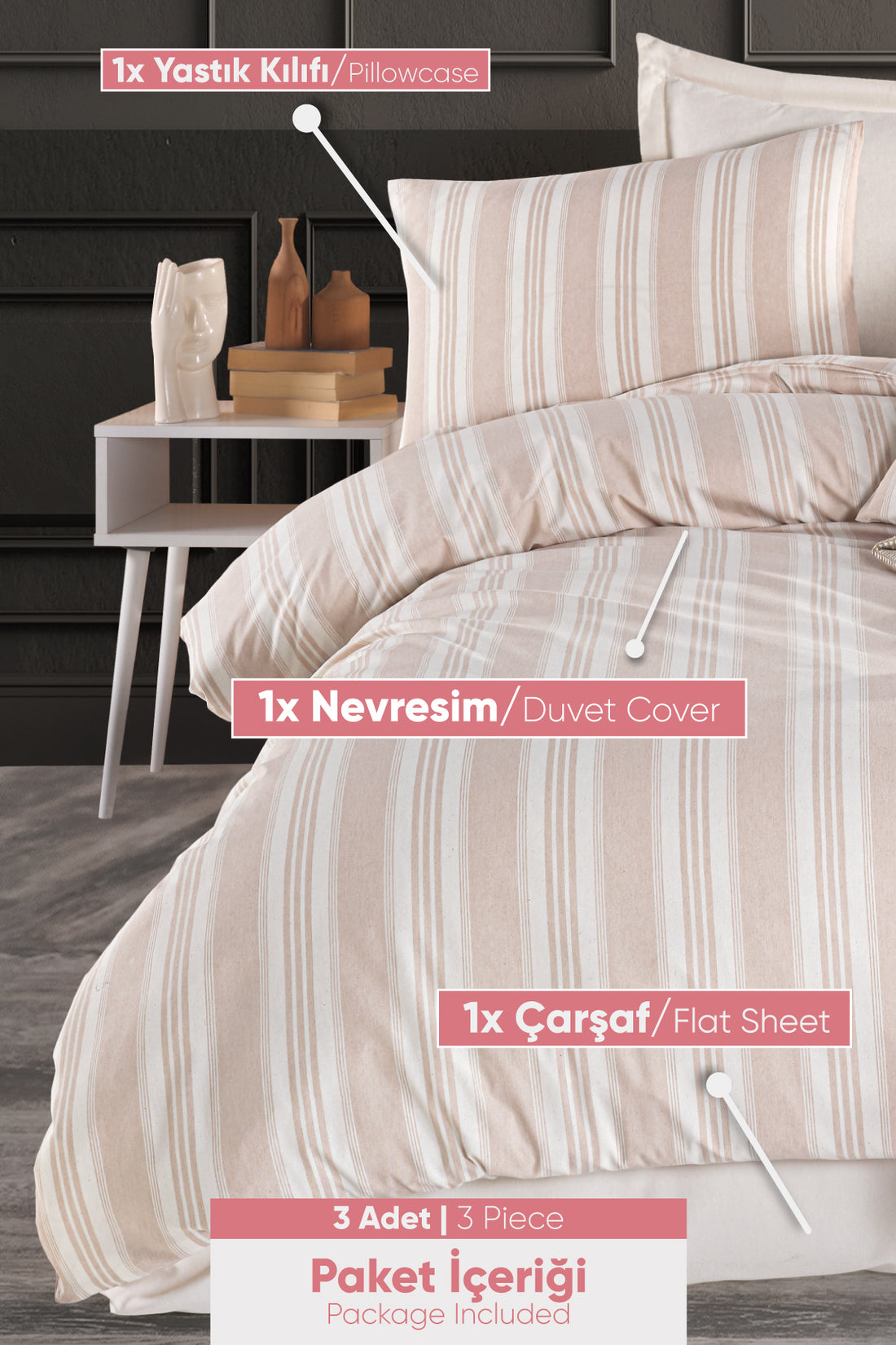 Soft Line Bej Tek Kişilik Nevresim Takımı