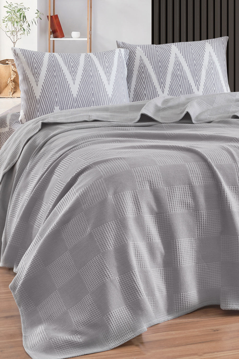 Weave K.Olivia Gri Çift Kişilik %100 Pamuk Pike Takımı