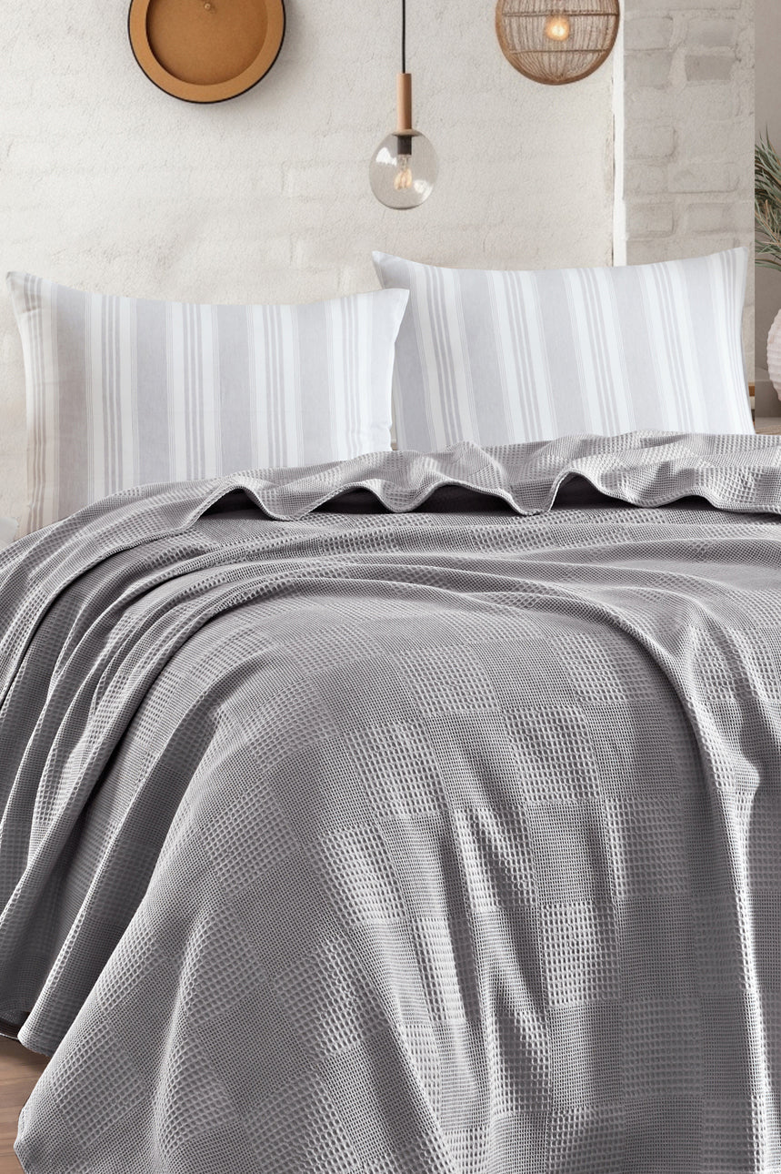 Weave Soft Line Gri Çift Kişilik %100 Pamuk Pike Takımı