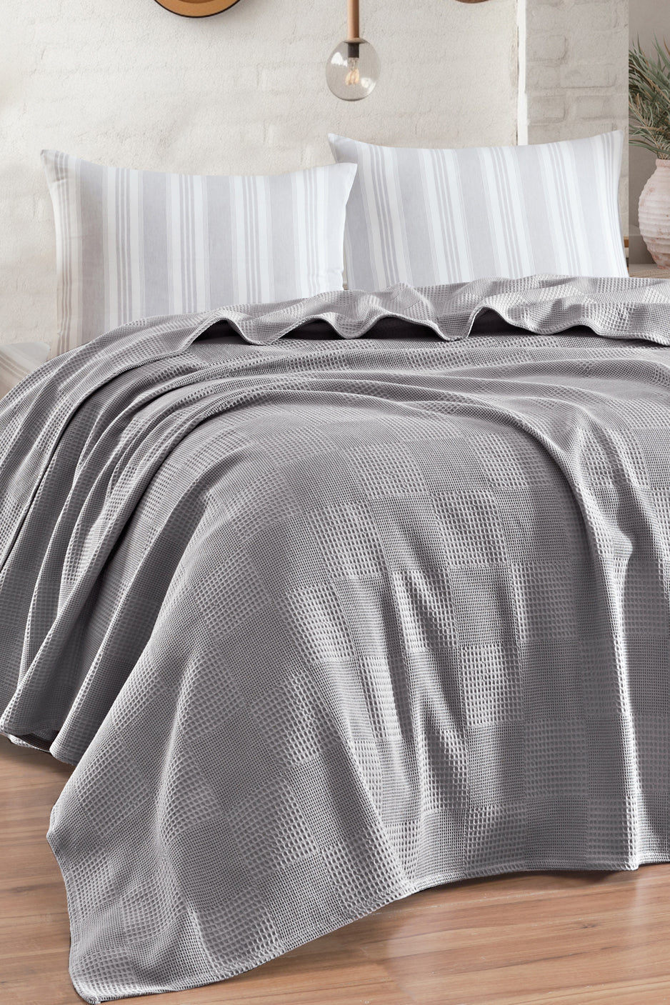 Weave Soft Line Gri Çift Kişilik %100 Pamuk Pike Takımı