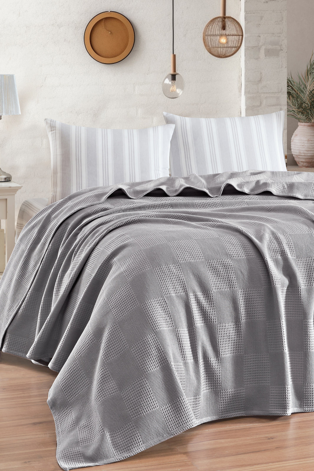 Weave Soft Line Gri Çift Kişilik %100 Pamuk Pike Takımı