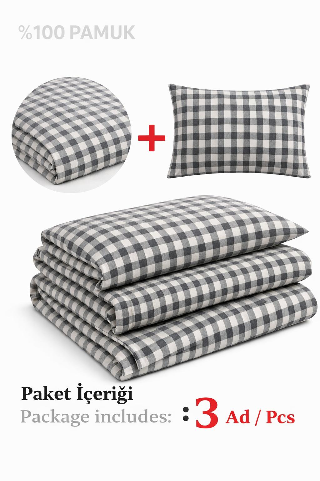 İlove Kombin Siyah-Gri Tek Kişilik %100 Pamuk Nevresim Takımı