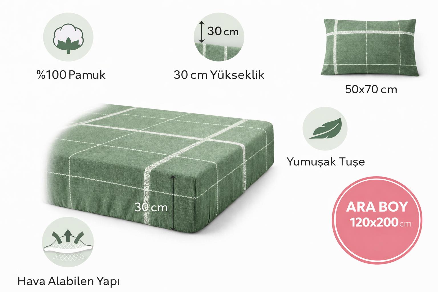 Maya Yeşil 120x200cm %100 Pamuk Çarşaf Seti