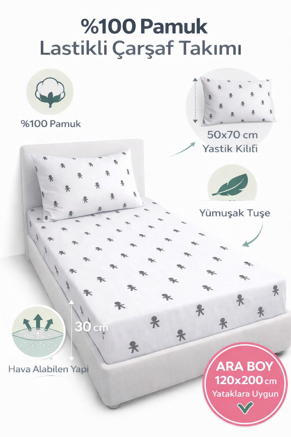 Janes Gri 120x200cm %100 Pamuk Çarşaf Seti