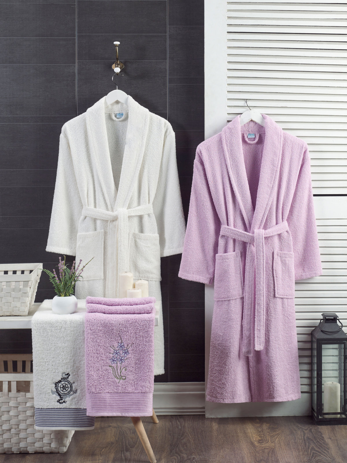 Leylak-Krem Dümen - 4'lü Baş Havlulu Bornoz Aile Seti