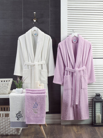 Leylak-Krem Dümen - 4'lü Baş Havlulu Bornoz Aile Seti